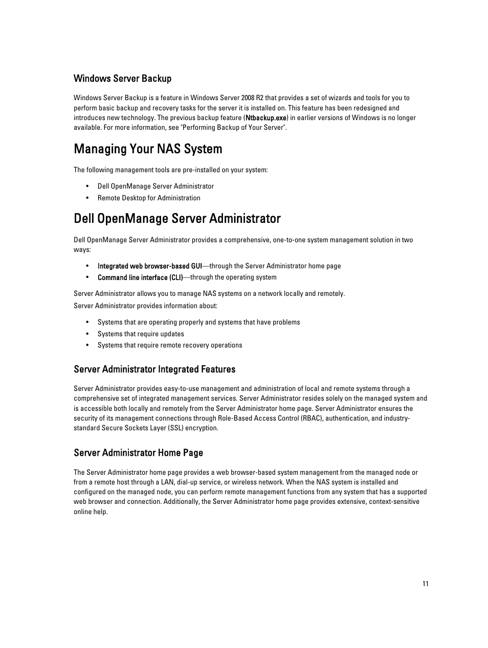 Windows server backup, Managing your nas system, Dell openmanage server administrator | Server administrator integrated features, Server administrator home page | Dell PowerVault 701N (Deskside NAS Appliance) User Manual | Page 11 / 29