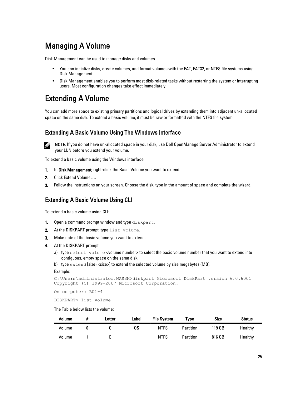 Managing a volume, Extending a volume, Extending a basic volume using cli | Dell PowerVault 701N (Deskside NAS Appliance) User Manual | Page 25 / 29