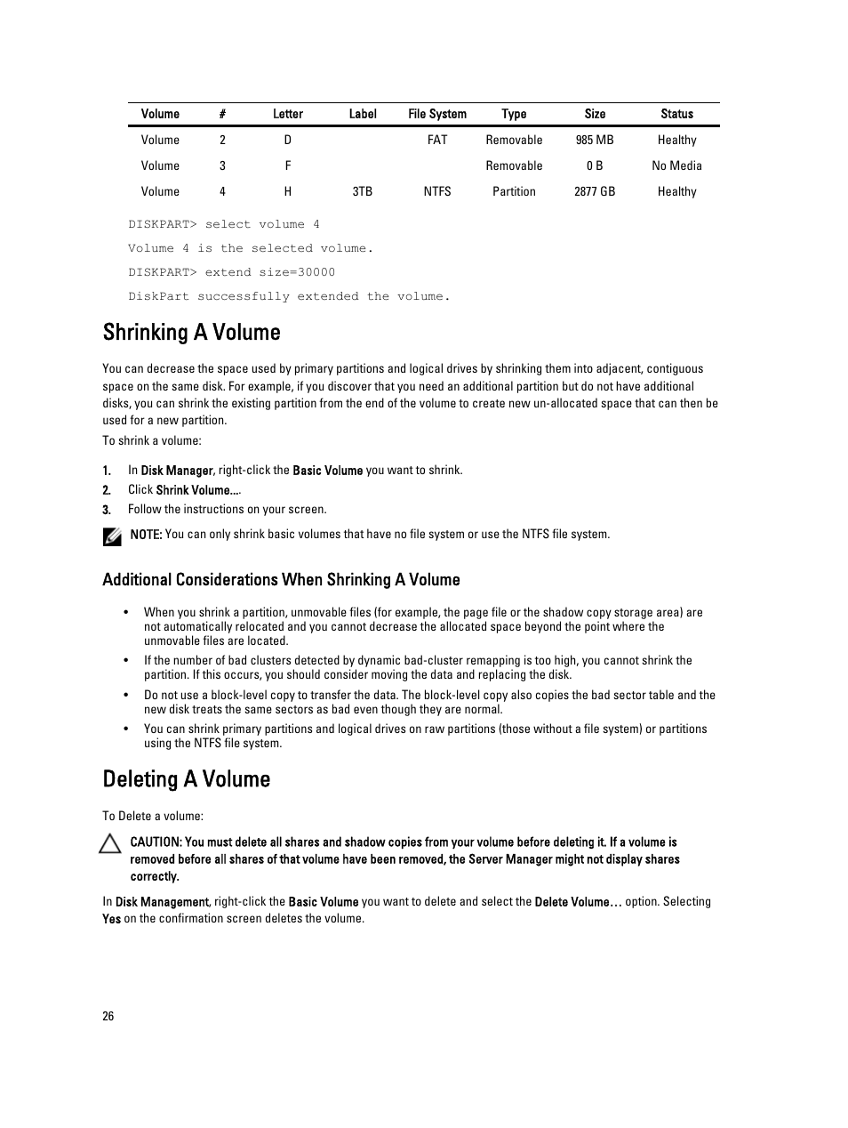 Shrinking a volume, Additional considerations when shrinking a volume, Deleting a volume | Dell PowerVault 701N (Deskside NAS Appliance) User Manual | Page 26 / 29