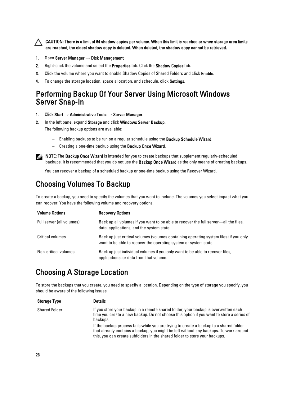 Choosing volumes to backup, Choosing a storage location | Dell PowerVault 701N (Deskside NAS Appliance) User Manual | Page 28 / 29