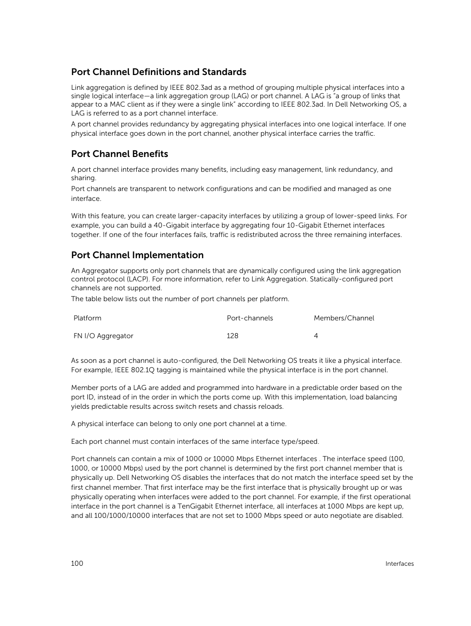 Port channel definitions and standards, Port channel benefits, Port channel implementation | Dell PowerEdge FX2/FX2s User Manual | Page 100 / 292