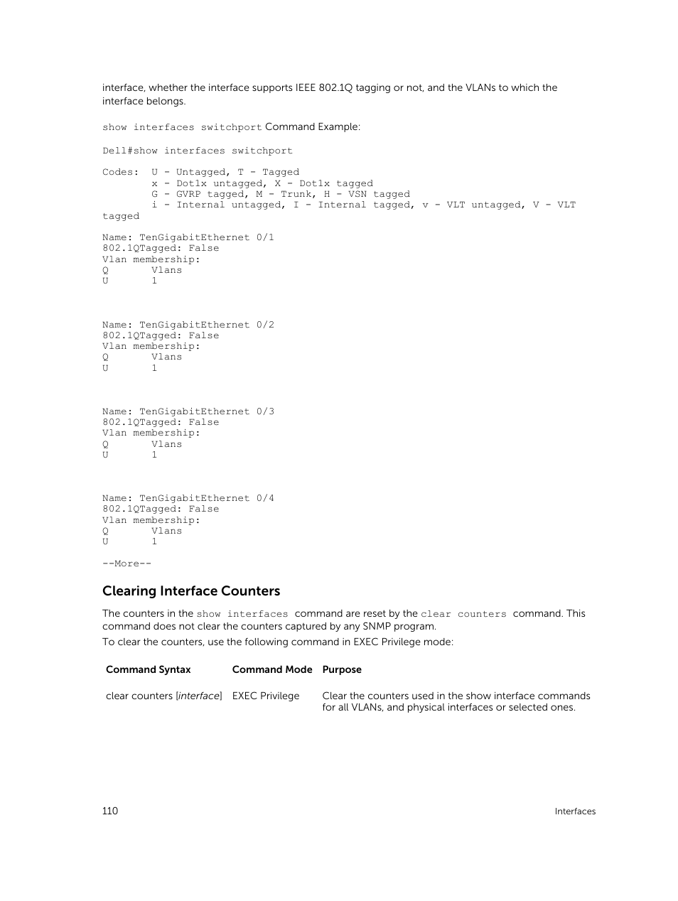 Clearing interface counters | Dell PowerEdge FX2/FX2s User Manual | Page 110 / 292