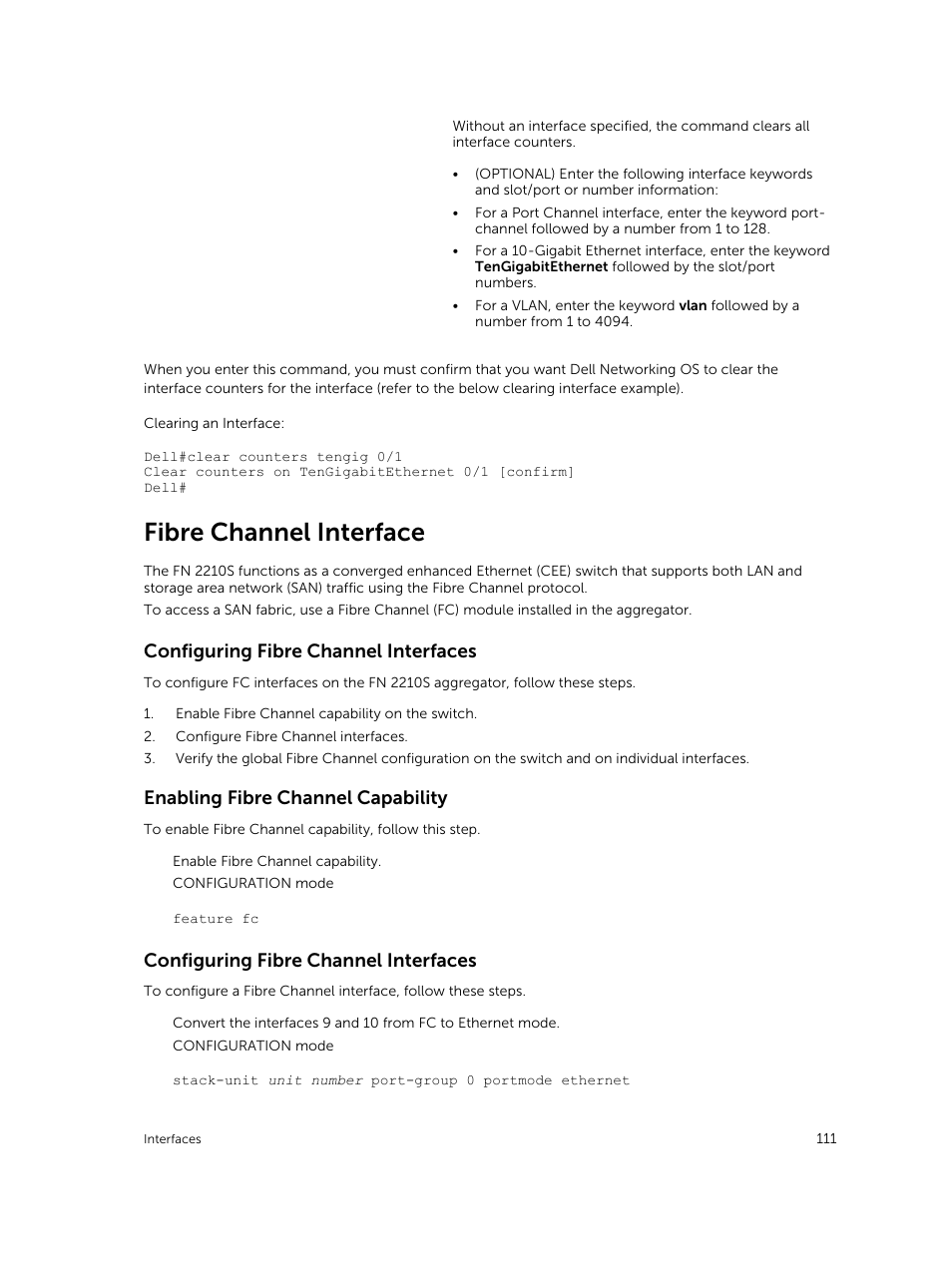 Fibre channel interface, Configuring fibre channel interfaces, Enabling fibre channel capability | Dell PowerEdge FX2/FX2s User Manual | Page 111 / 292