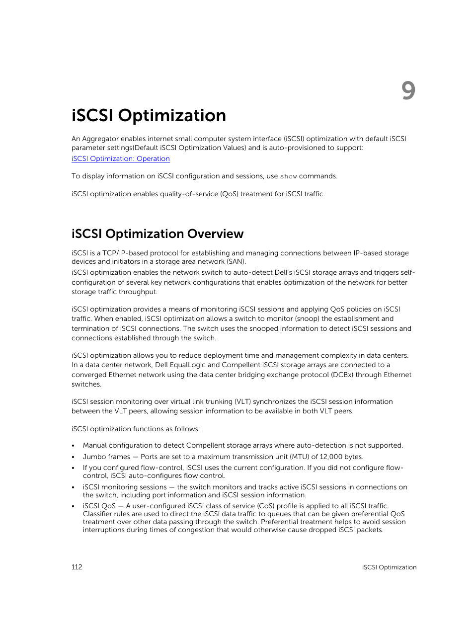 Iscsi optimization, Iscsi optimization overview, 9 iscsi optimization | Dell PowerEdge FX2/FX2s User Manual | Page 112 / 292