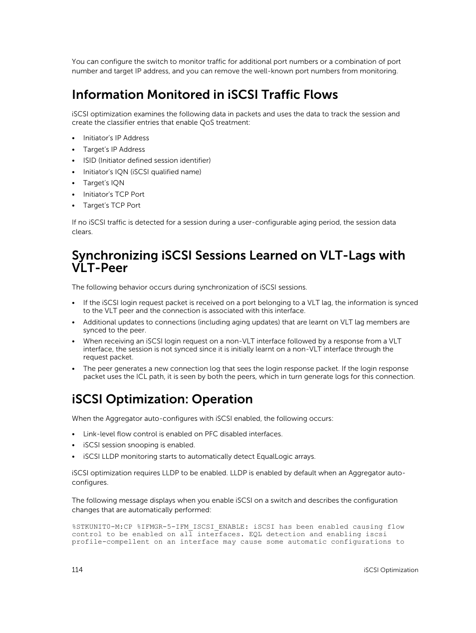 Information monitored in iscsi traffic flows, Iscsi optimization: operation | Dell PowerEdge FX2/FX2s User Manual | Page 114 / 292