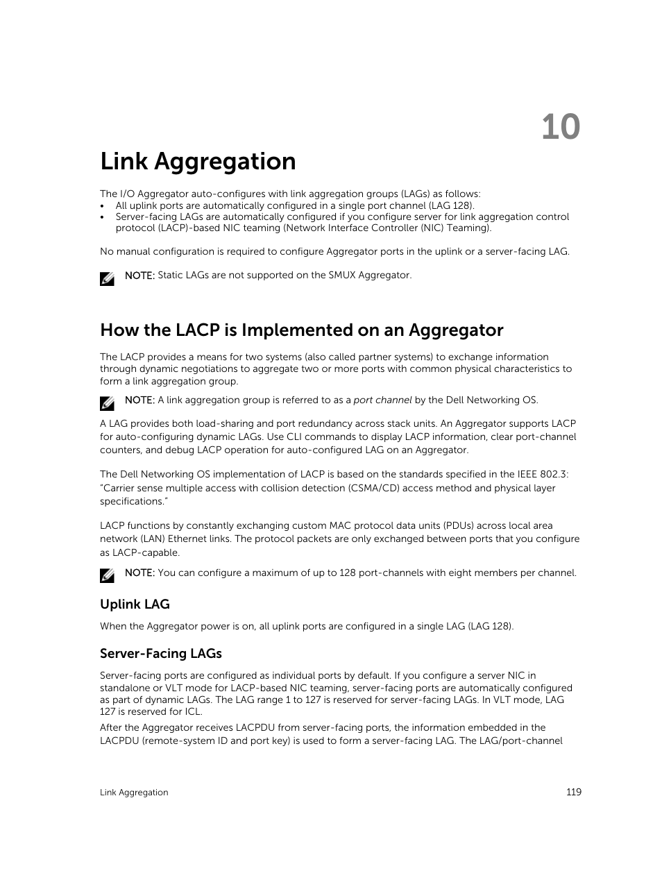 Link aggregation, How the lacp is implemented on an aggregator, Uplink lag | Server-facing lags, 10 link aggregation | Dell PowerEdge FX2/FX2s User Manual | Page 119 / 292