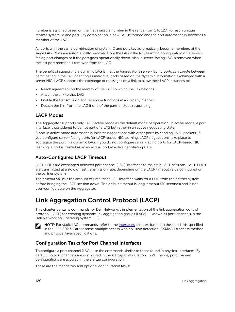 Lacp modes, Auto-configured lacp timeout, Link aggregation control protocol (lacp) | Configuration tasks for port channel interfaces | Dell PowerEdge FX2/FX2s User Manual | Page 120 / 292