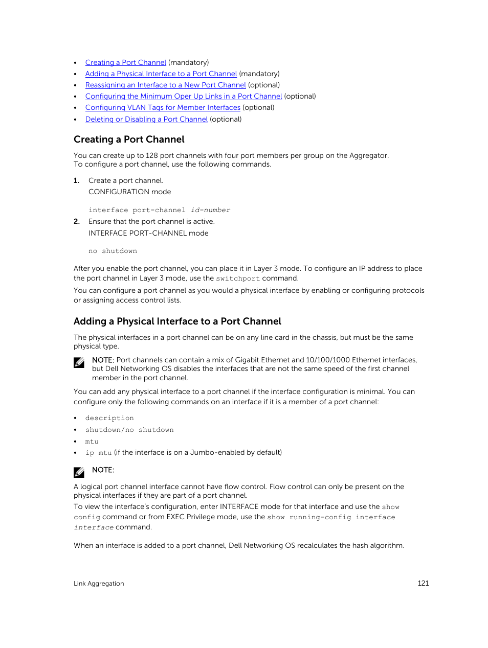 Creating a port channel, Adding a physical interface to a port channel | Dell PowerEdge FX2/FX2s User Manual | Page 121 / 292