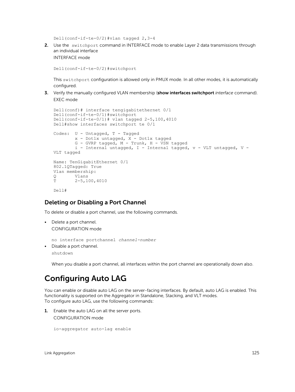 Deleting or disabling a port channel, Configuring auto lag | Dell PowerEdge FX2/FX2s User Manual | Page 125 / 292