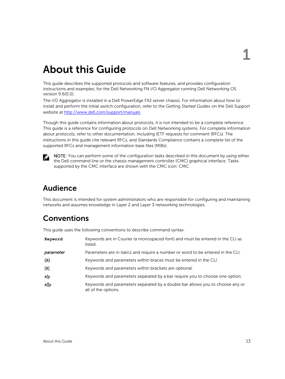 About this guide, Audience, Conventions | 1 about this guide | Dell PowerEdge FX2/FX2s User Manual | Page 13 / 292