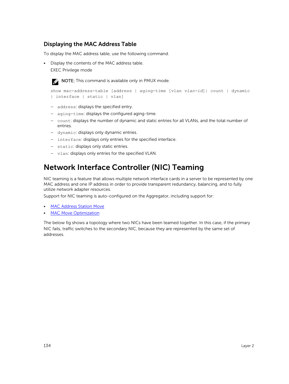 Displaying the mac address table, Network interface controller (nic) teaming | Dell PowerEdge FX2/FX2s User Manual | Page 134 / 292