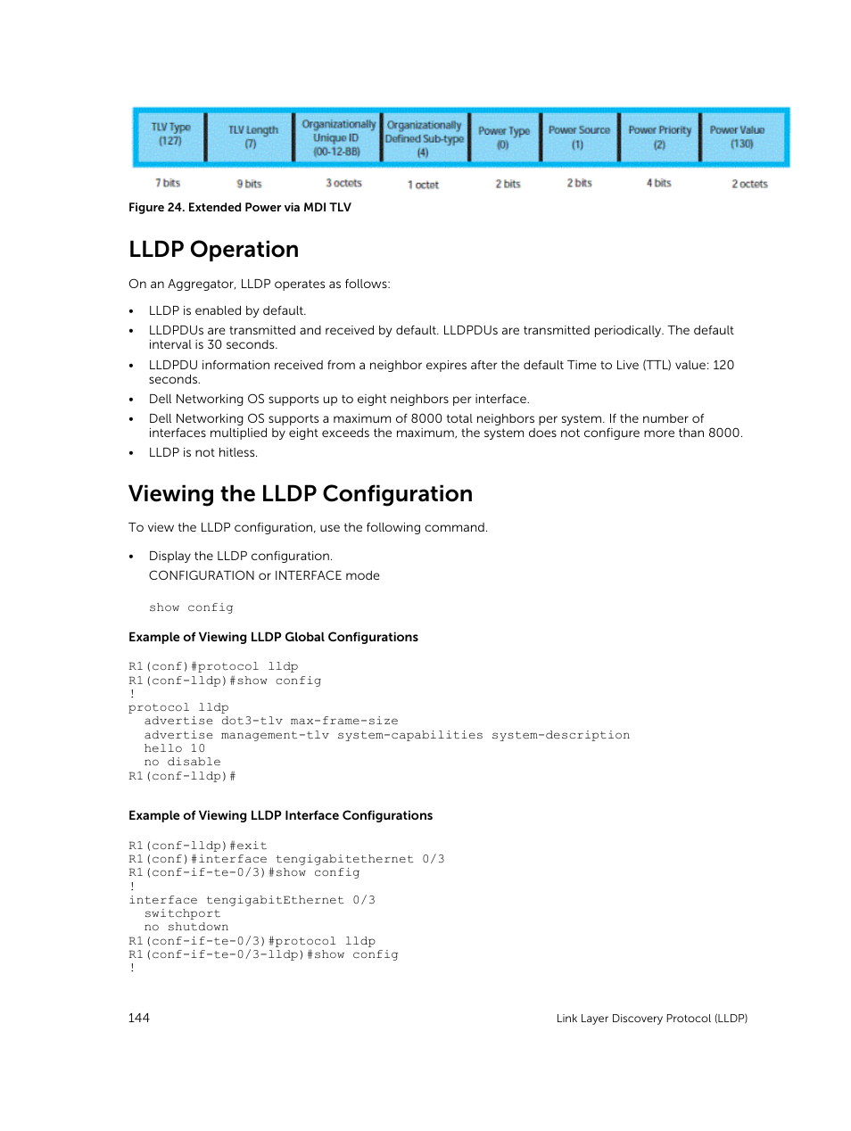 Lldp operation, Viewing the lldp configuration | Dell PowerEdge FX2/FX2s User Manual | Page 144 / 292