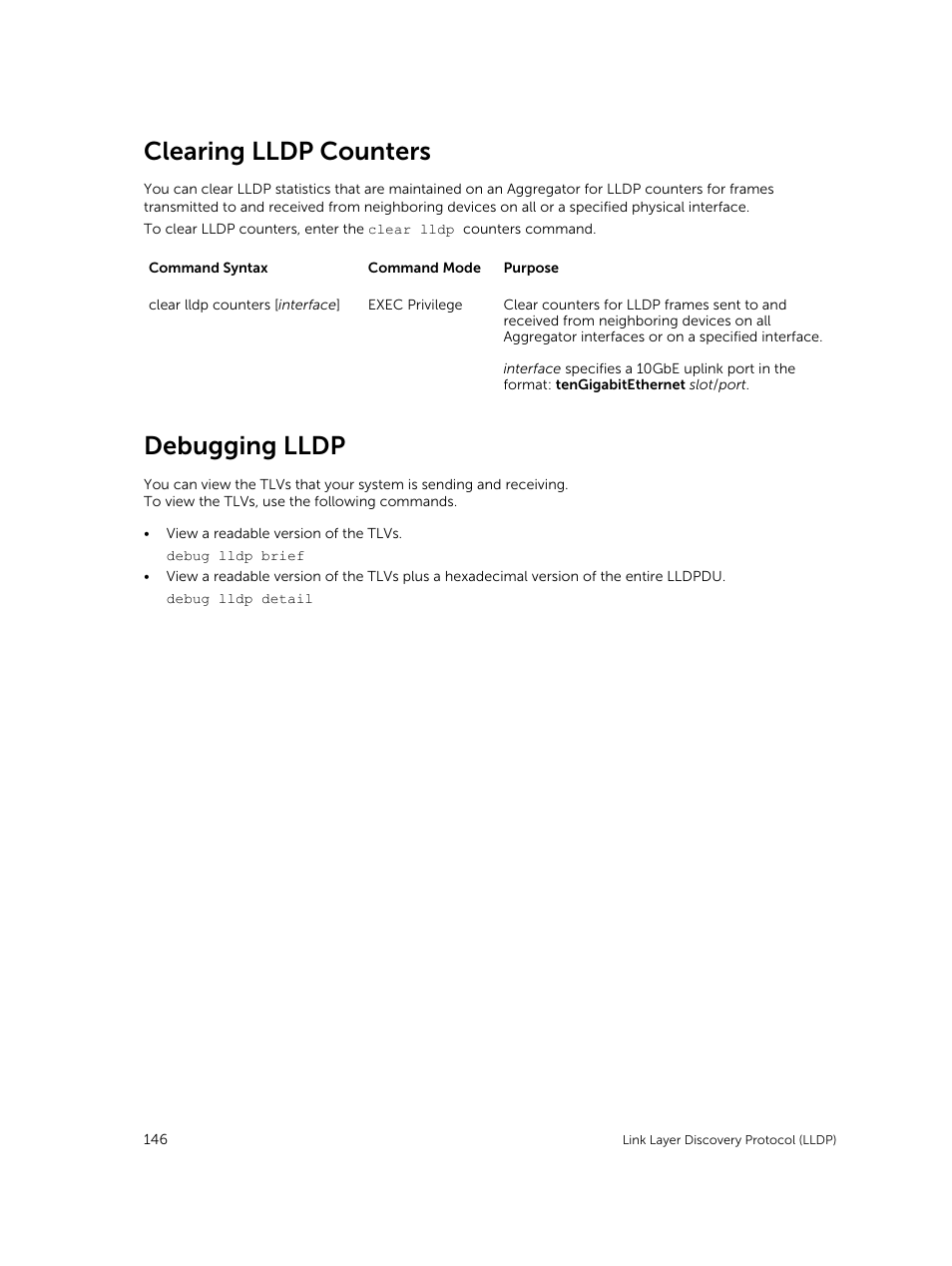 Clearing lldp counters, Debugging lldp | Dell PowerEdge FX2/FX2s User Manual | Page 146 / 292