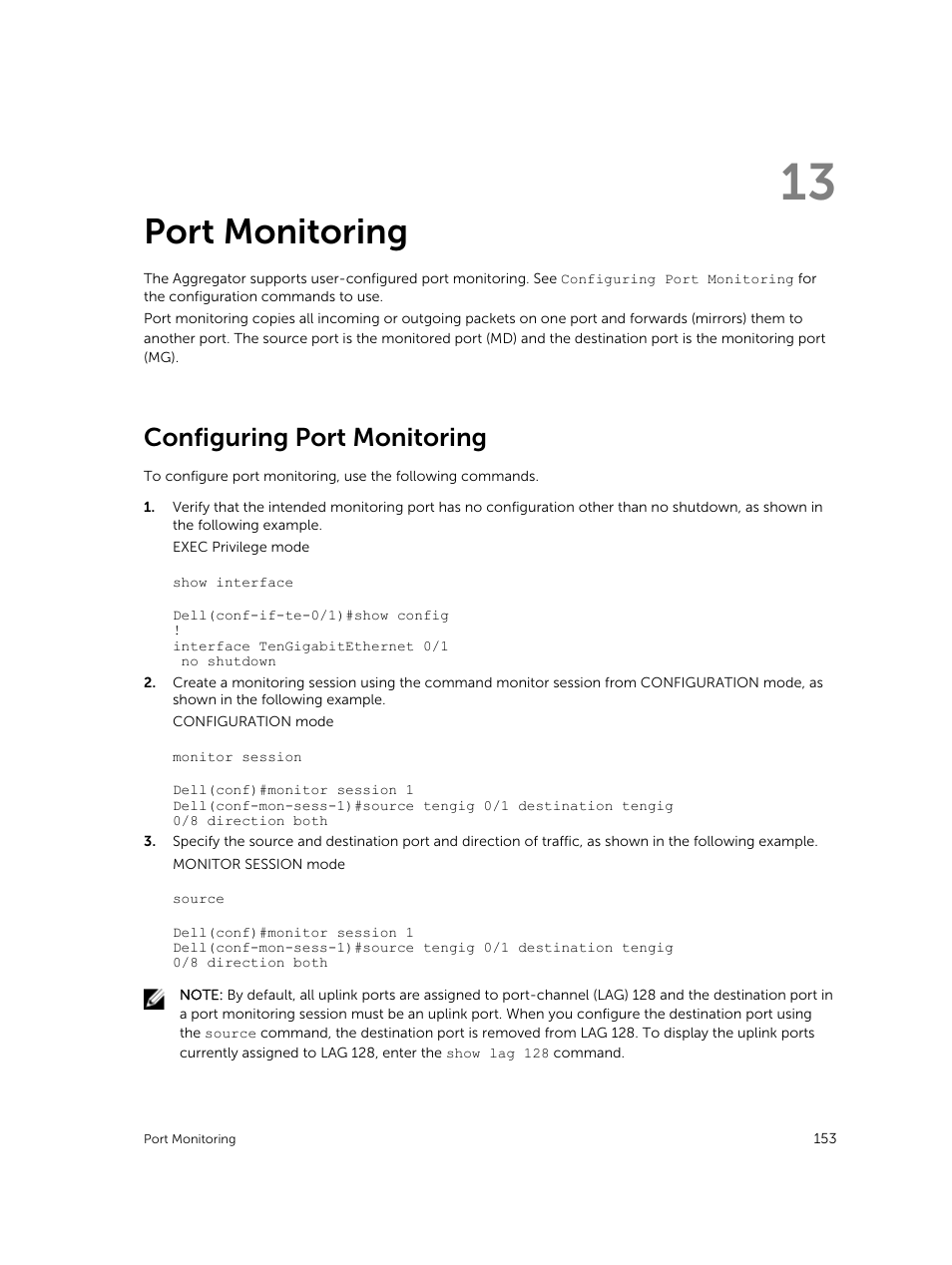 Port monitoring, Configuring port monitoring, 13 port monitoring | Dell PowerEdge FX2/FX2s User Manual | Page 153 / 292