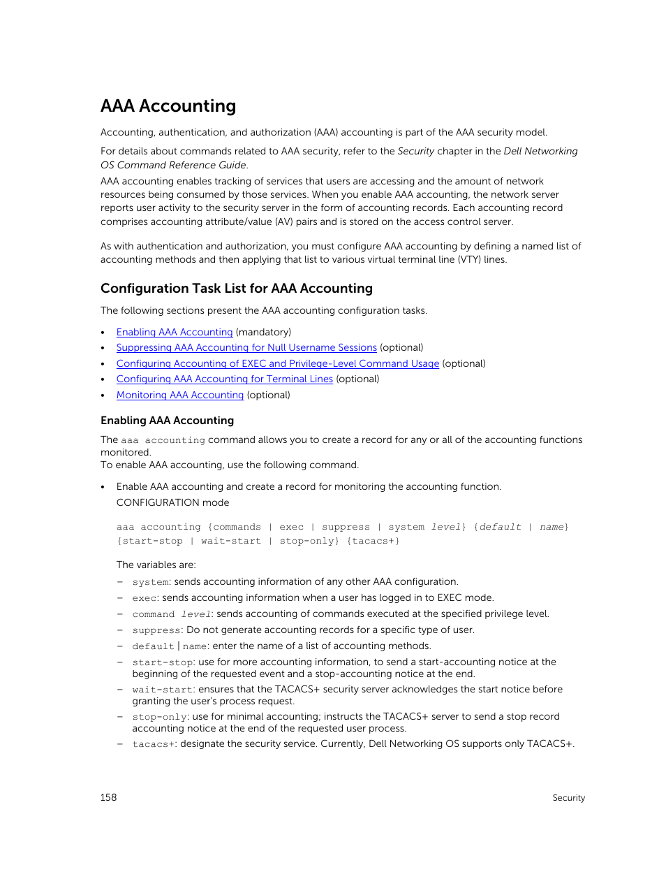 Aaa accounting, Configuration task list for aaa accounting | Dell PowerEdge FX2/FX2s User Manual | Page 158 / 292