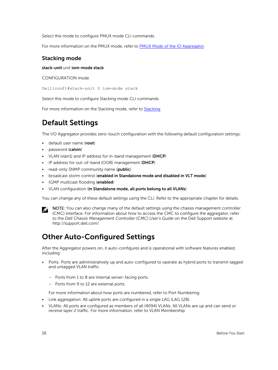 Stacking mode, Default settings, Other auto-configured settings | Dell PowerEdge FX2/FX2s User Manual | Page 16 / 292