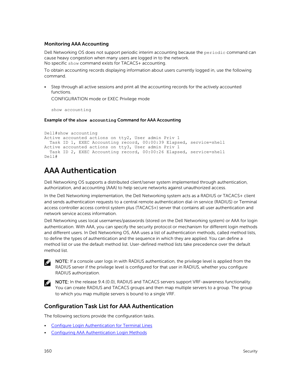 Aaa authentication, Configuration task list for aaa authentication, Monitoring aaa accounting | Optional) | Dell PowerEdge FX2/FX2s User Manual | Page 160 / 292