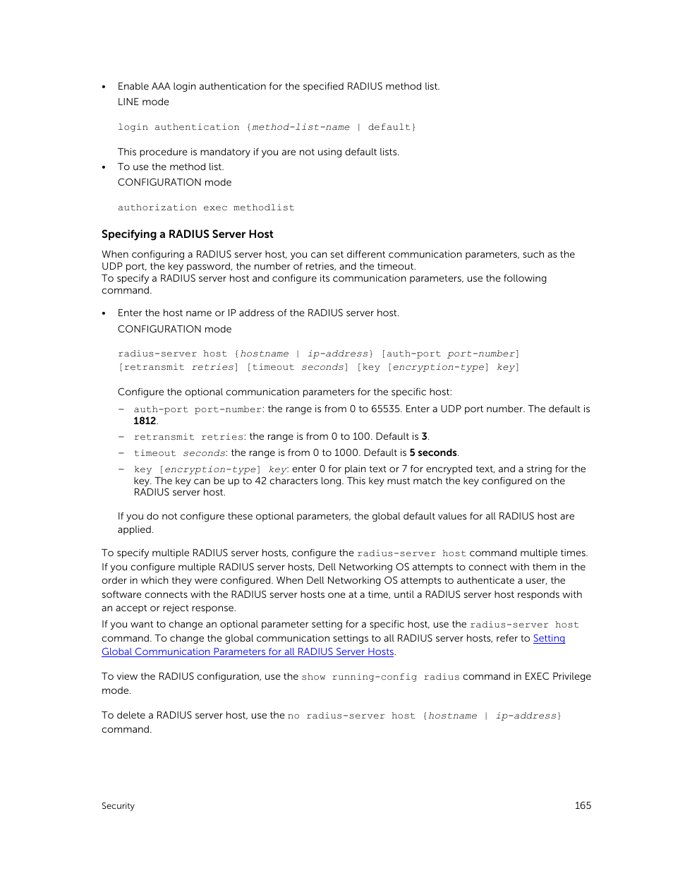 Specifying a radius server host, Mandatory) | Dell PowerEdge FX2/FX2s User Manual | Page 165 / 292