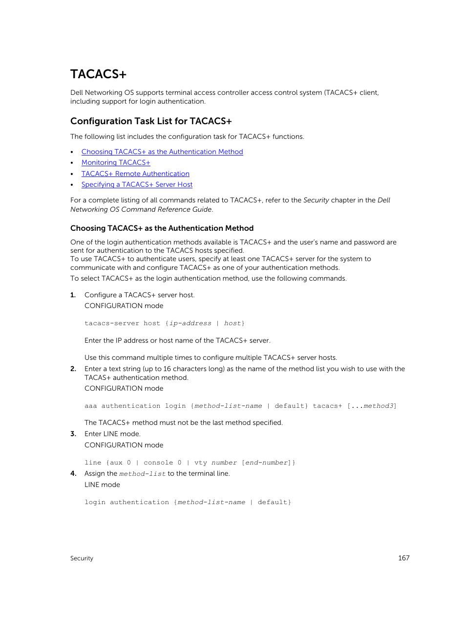 Tacacs, Configuration task list for tacacs | Dell PowerEdge FX2/FX2s User Manual | Page 167 / 292