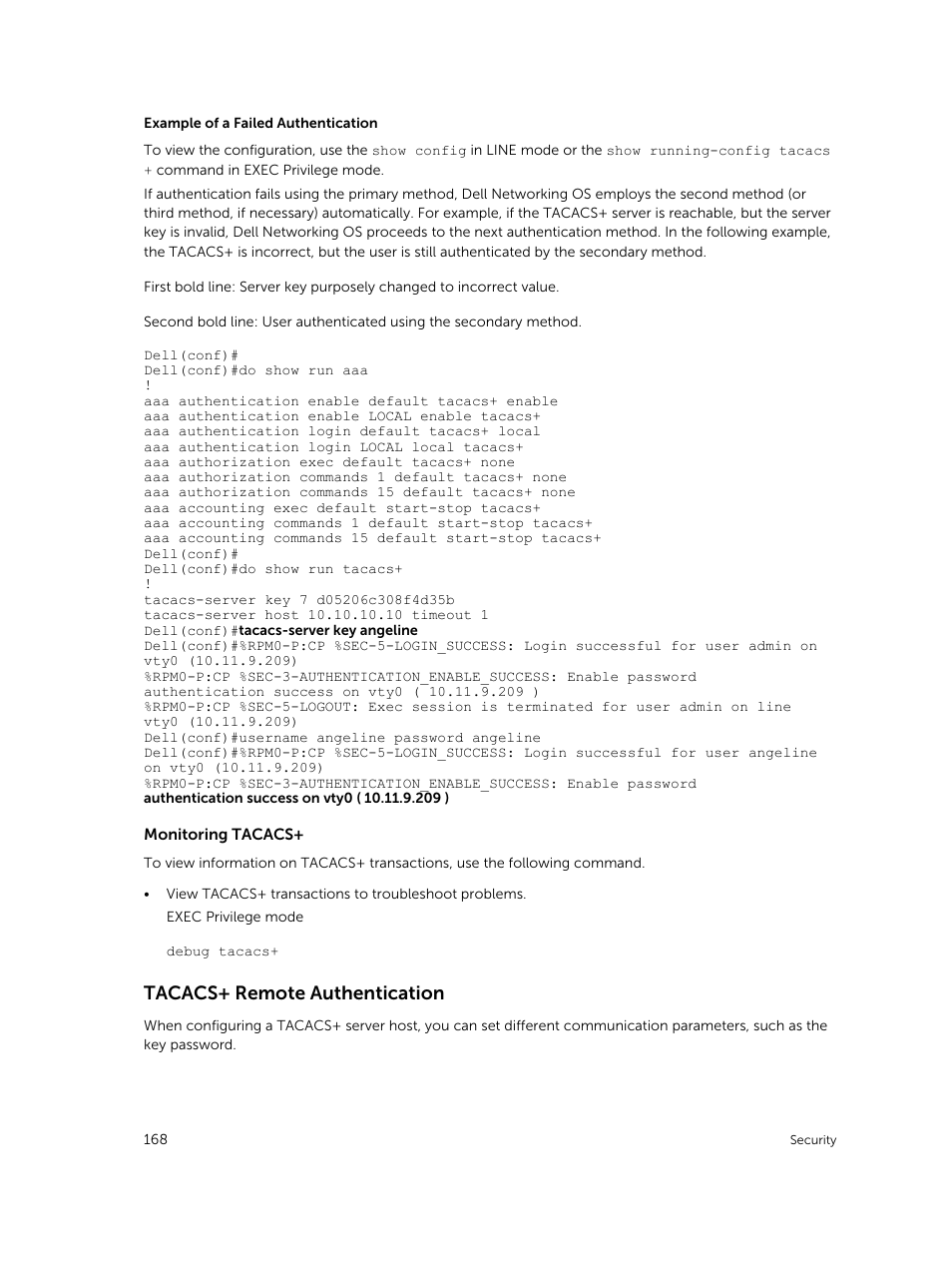 Tacacs+ remote authentication, Monitoring tacacs | Dell PowerEdge FX2/FX2s User Manual | Page 168 / 292