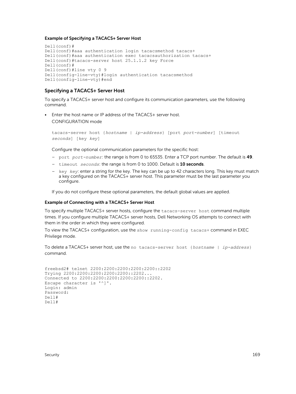 Specifying a tacacs+ server host | Dell PowerEdge FX2/FX2s User Manual | Page 169 / 292