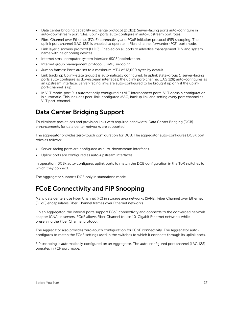 Data center bridging support, Fcoe connectivity and fip snooping | Dell PowerEdge FX2/FX2s User Manual | Page 17 / 292