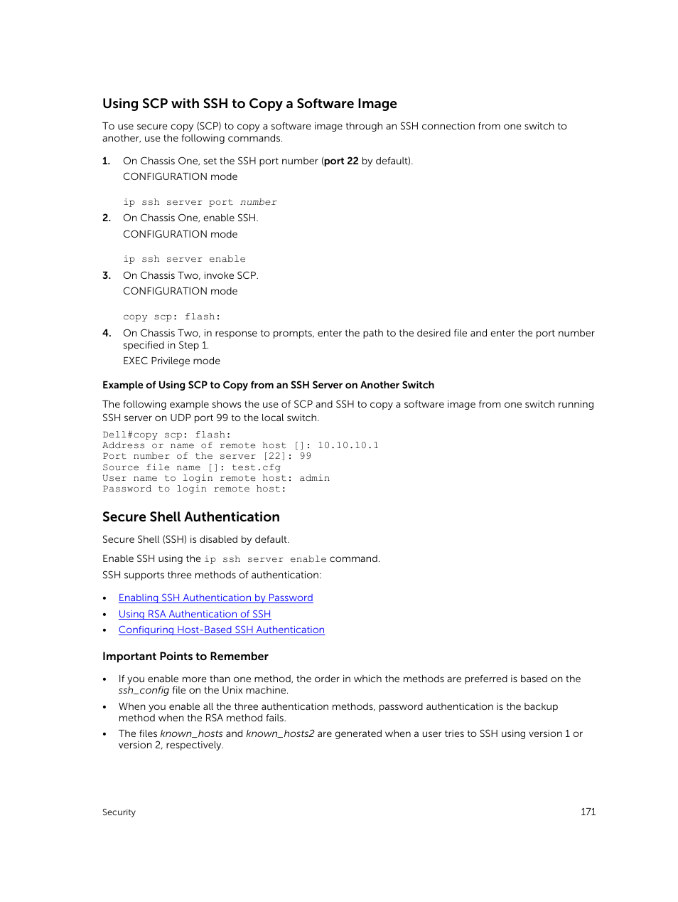 Using scp with ssh to copy a software image, Secure shell authentication | Dell PowerEdge FX2/FX2s User Manual | Page 171 / 292