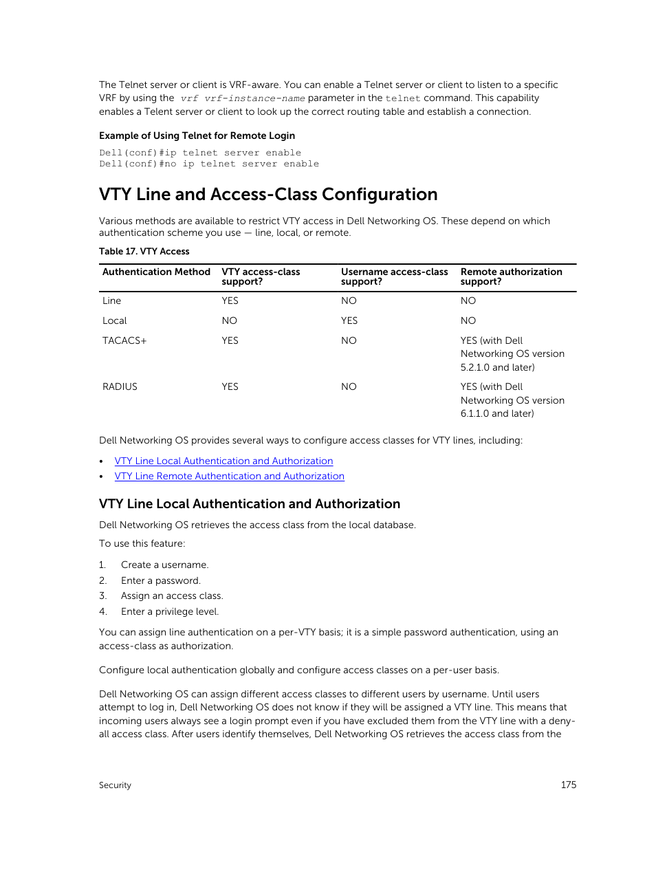 Vty line and access-class configuration, Vty line local authentication and authorization | Dell PowerEdge FX2/FX2s User Manual | Page 175 / 292