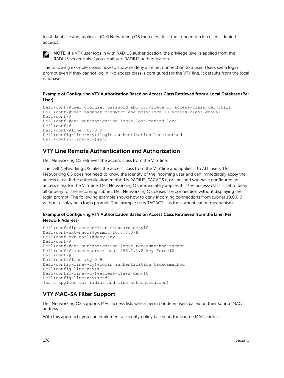 Vty line remote authentication and authorization, Vty mac-sa filter support | Dell PowerEdge FX2/FX2s User Manual | Page 176 / 292