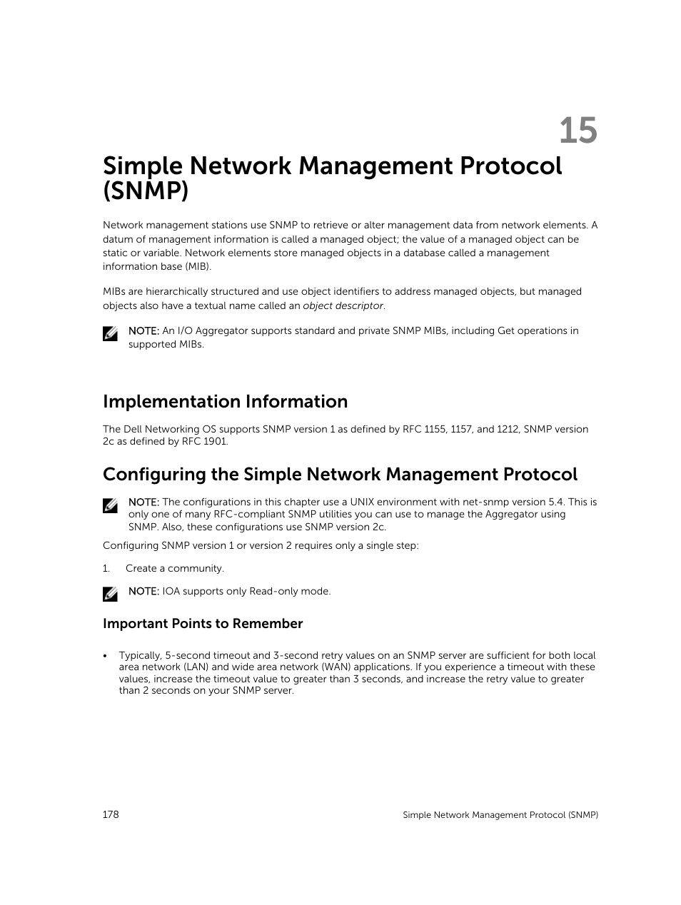 Simple network management protocol (snmp), Implementation information, Configuring the simple network management protocol | Important points to remember, 15 simple network management protocol (snmp) | Dell PowerEdge FX2/FX2s User Manual | Page 178 / 292