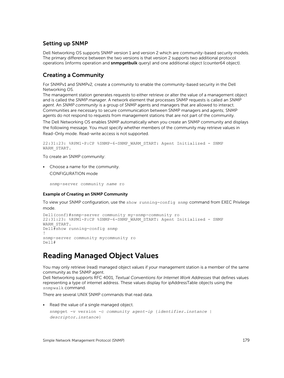 Setting up snmp, Creating a community, Reading managed object values | Dell PowerEdge FX2/FX2s User Manual | Page 179 / 292