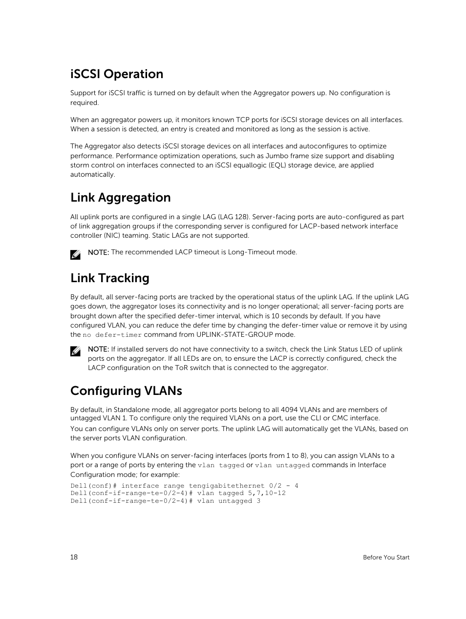 Iscsi operation, Link aggregation, Link tracking | Configuring vlans | Dell PowerEdge FX2/FX2s User Manual | Page 18 / 292