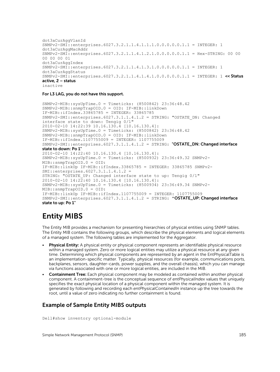 Entity mibs, Example of sample entity mibs outputs | Dell PowerEdge FX2/FX2s User Manual | Page 185 / 292