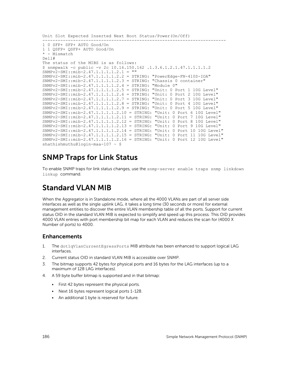 Snmp traps for link status, Standard vlan mib, Enhancements | Dell PowerEdge FX2/FX2s User Manual | Page 186 / 292