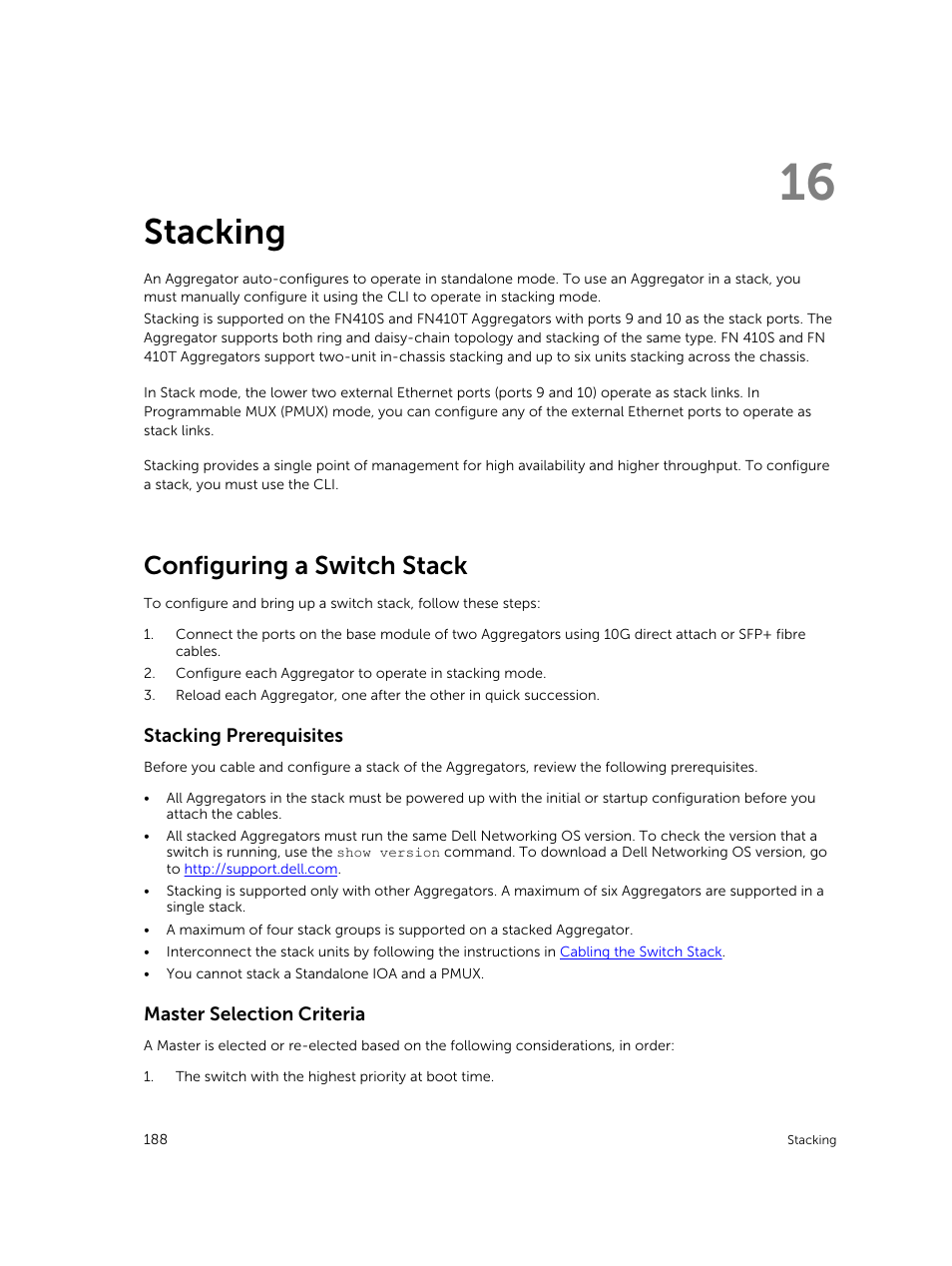 Stacking, Configuring a switch stack, Stacking prerequisites | Master selection criteria, 16 stacking | Dell PowerEdge FX2/FX2s User Manual | Page 188 / 292