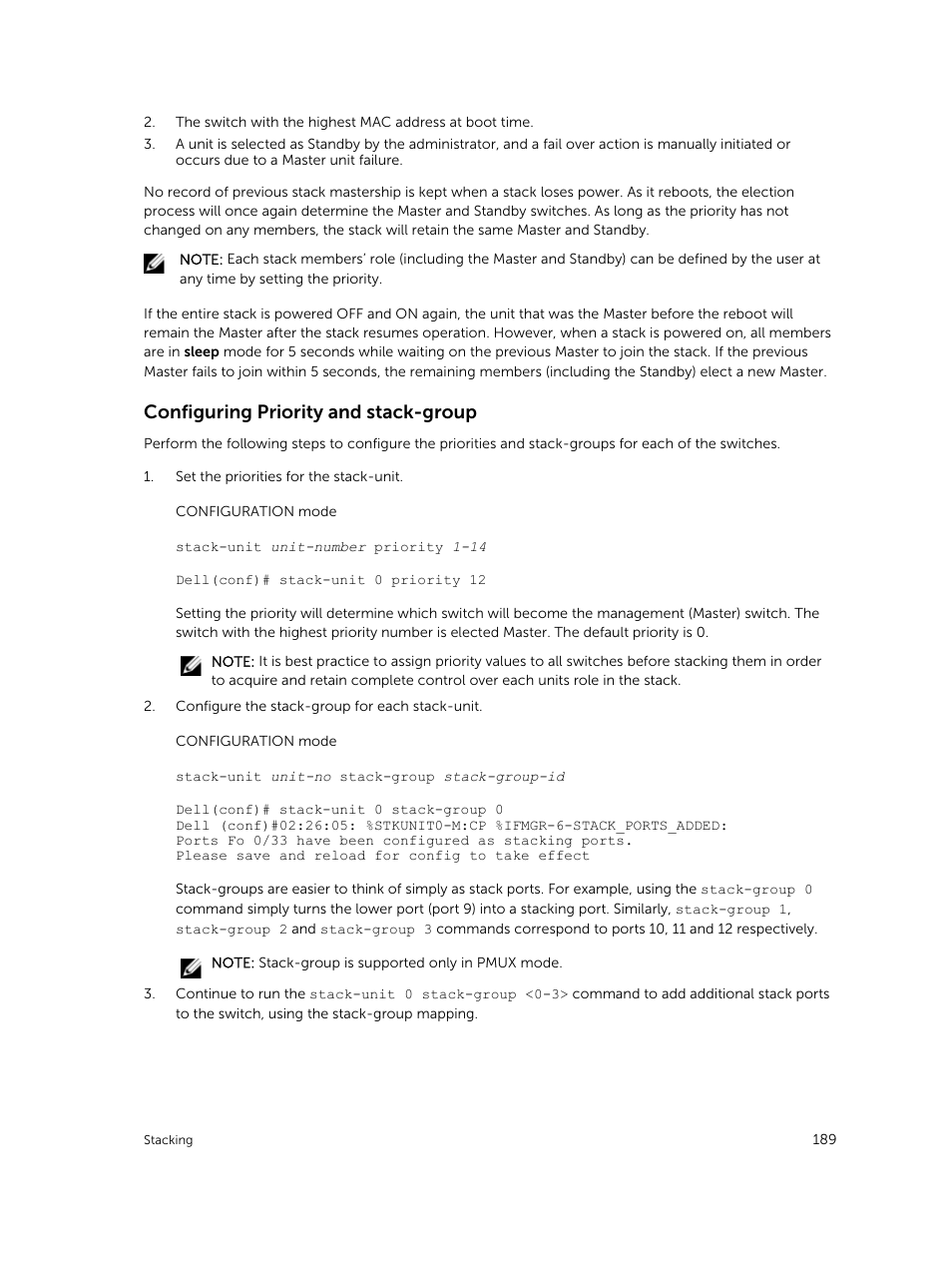 Configuring priority and stack-group | Dell PowerEdge FX2/FX2s User Manual | Page 189 / 292