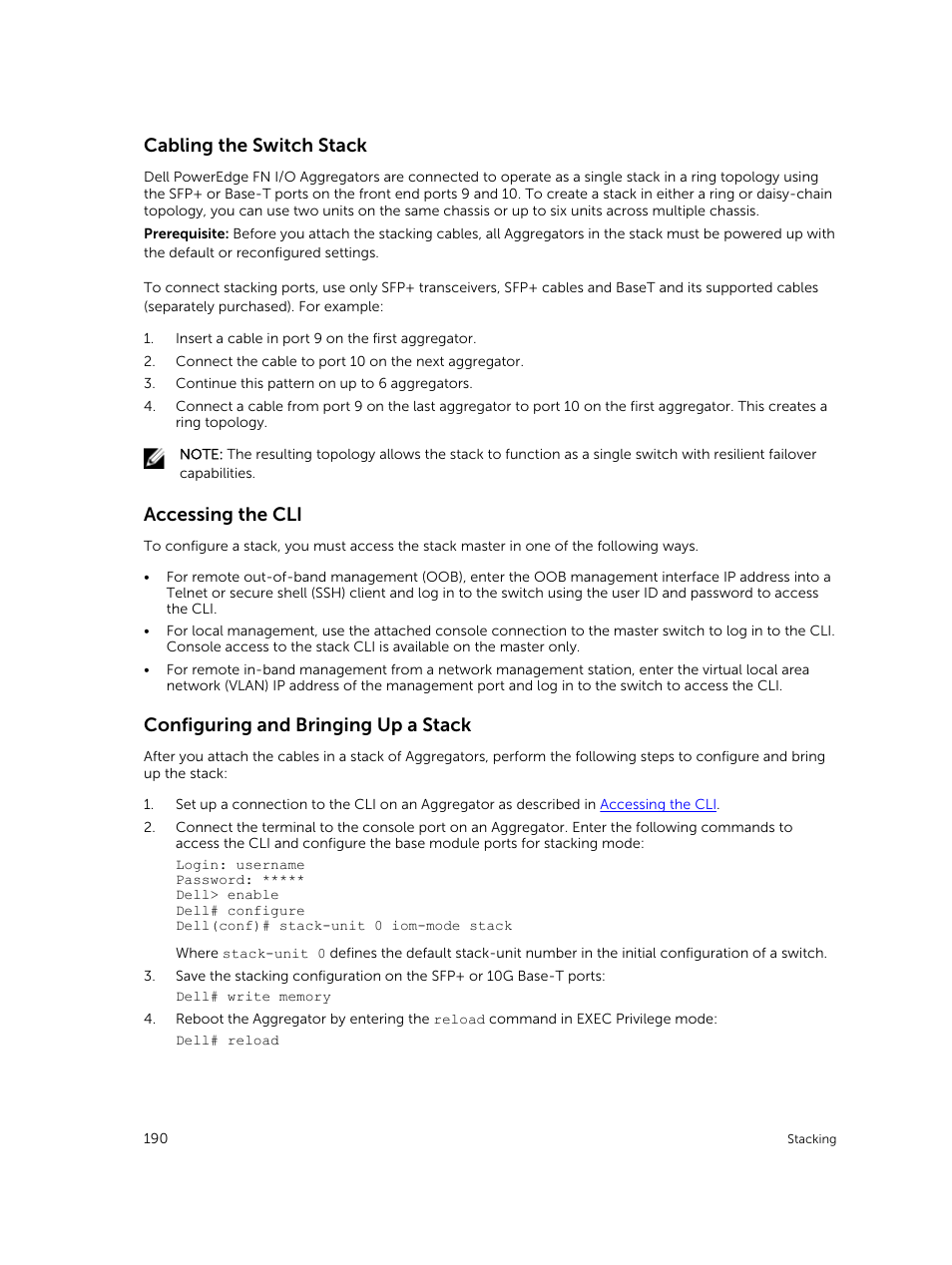 Cabling the switch stack, Accessing the cli, Configuring and bringing up a stack | Dell PowerEdge FX2/FX2s User Manual | Page 190 / 292