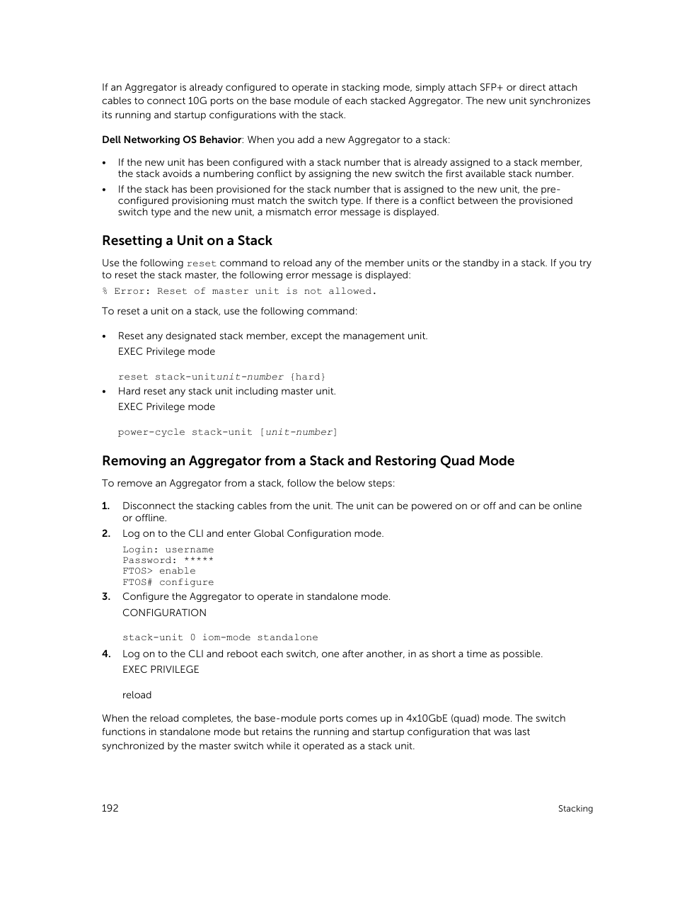 Resetting a unit on a stack | Dell PowerEdge FX2/FX2s User Manual | Page 192 / 292