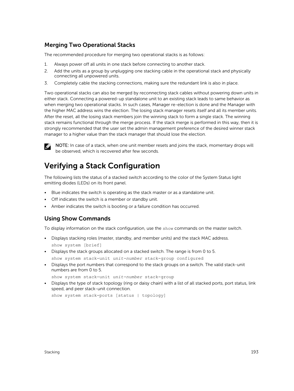 Merging two operational stacks, Verifying a stack configuration, Using show commands | Dell PowerEdge FX2/FX2s User Manual | Page 193 / 292