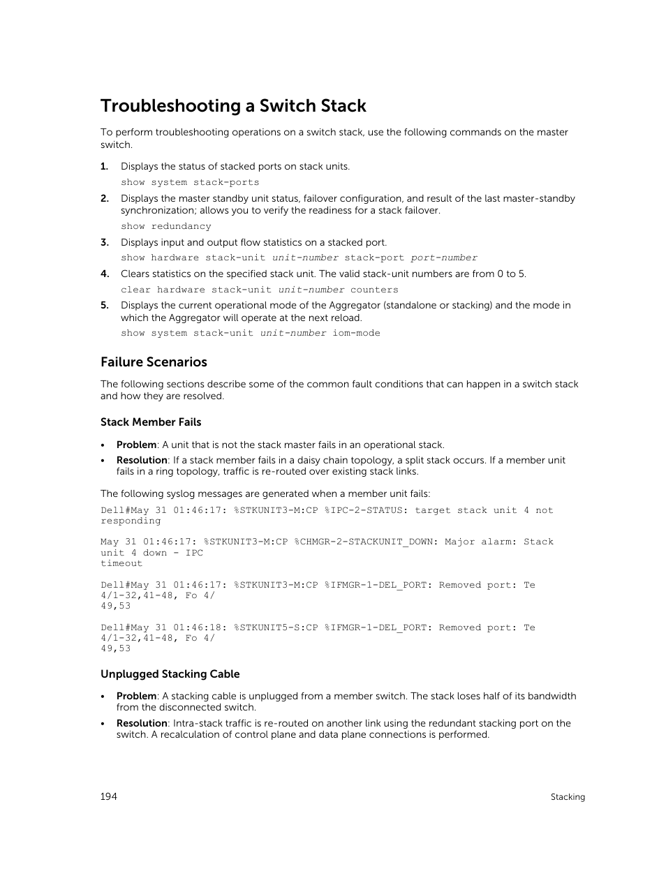 Troubleshooting a switch stack, Failure scenarios | Dell PowerEdge FX2/FX2s User Manual | Page 194 / 292