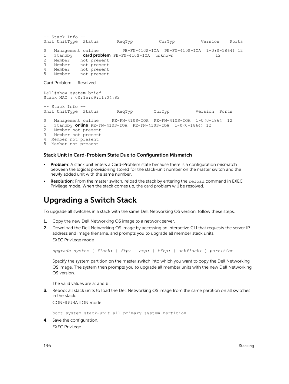 Upgrading a switch stack | Dell PowerEdge FX2/FX2s User Manual | Page 196 / 292