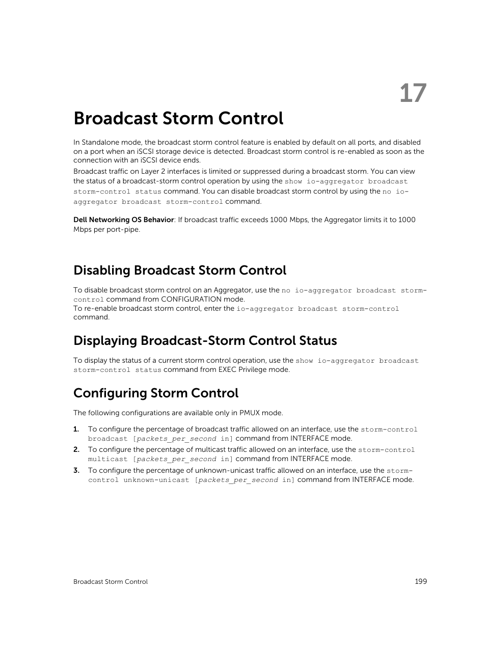 Broadcast storm control, Disabling broadcast storm control, Displaying broadcast-storm control status | Configuring storm control, 17 broadcast storm control | Dell PowerEdge FX2/FX2s User Manual | Page 199 / 292