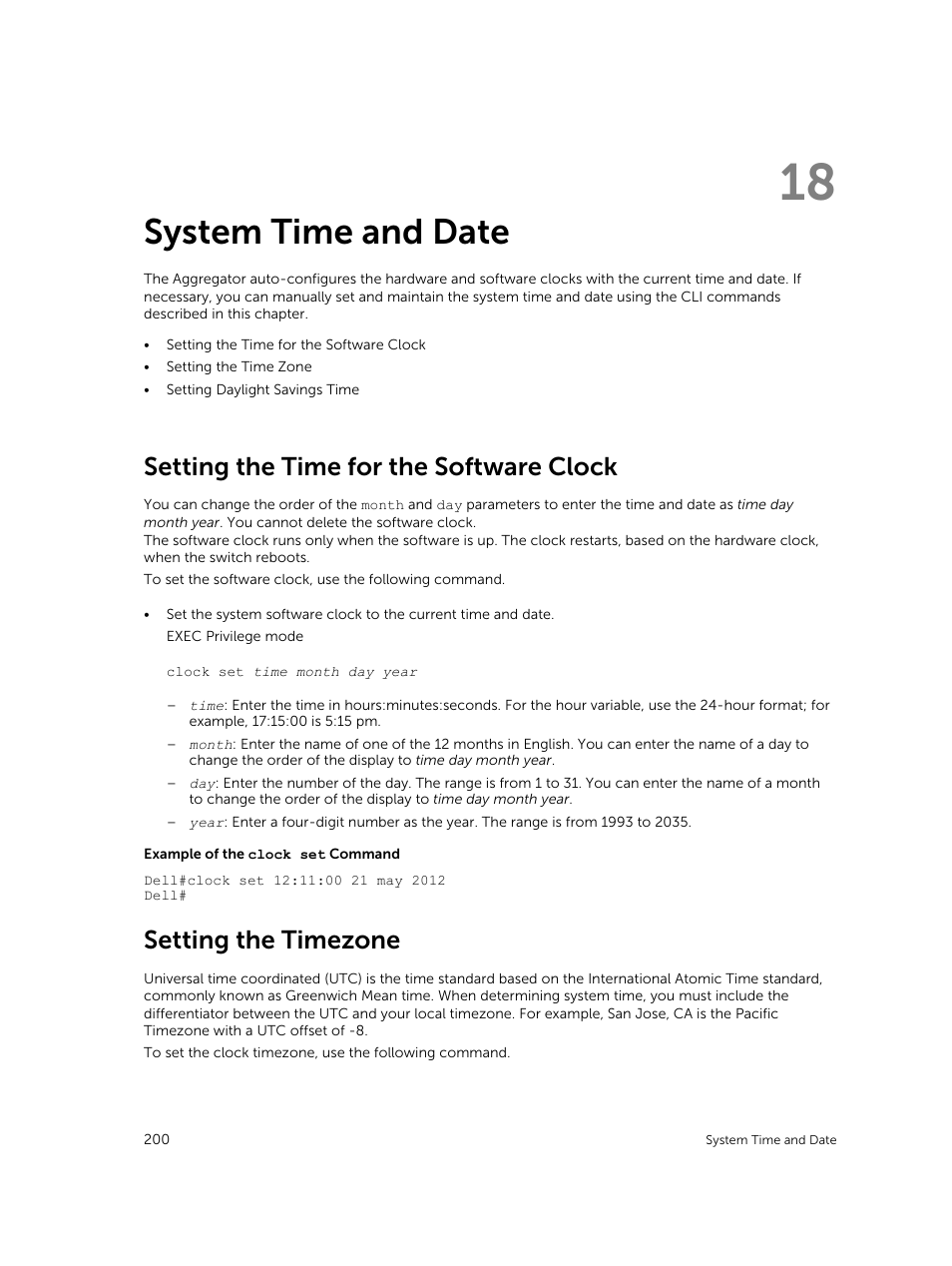 System time and date, Setting the time for the software clock, Setting the timezone | 18 system time and date | Dell PowerEdge FX2/FX2s User Manual | Page 200 / 292