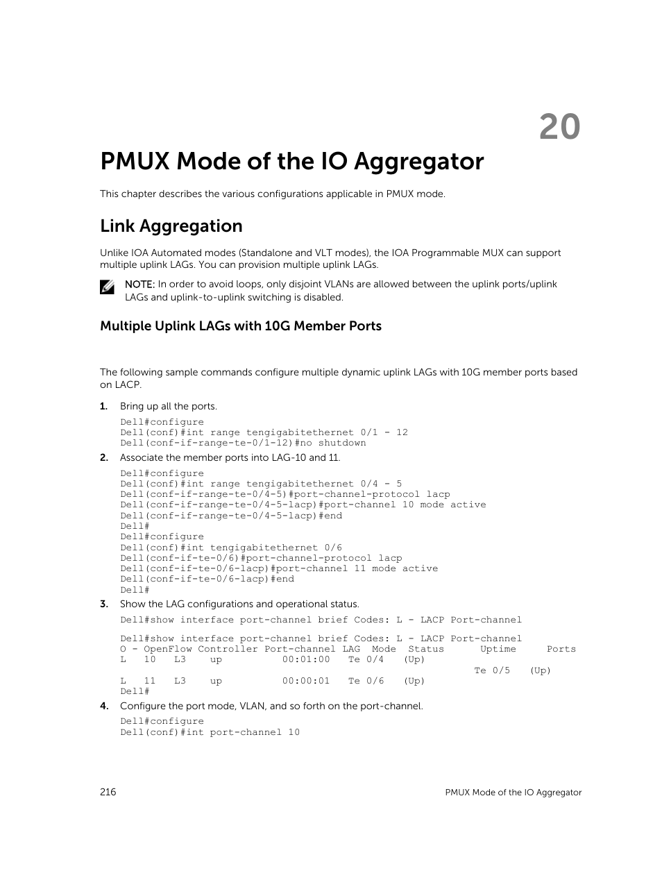 Pmux mode of the io aggregator, Link aggregation, Multiple uplink lags with 10g member ports | 20 pmux mode of the io aggregator | Dell PowerEdge FX2/FX2s User Manual | Page 216 / 292