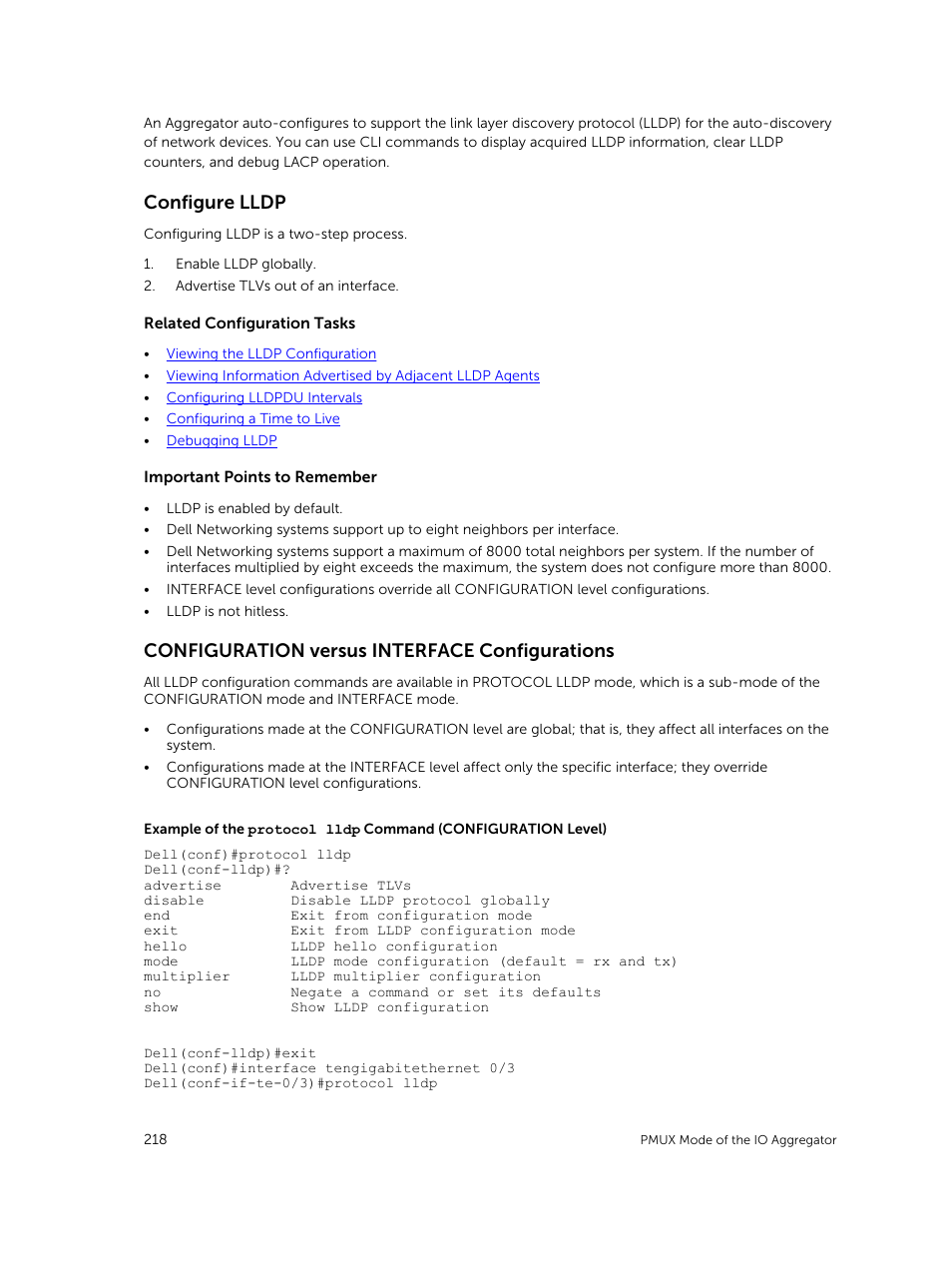 Configure lldp, Configuration versus interface configurations | Dell PowerEdge FX2/FX2s User Manual | Page 218 / 292