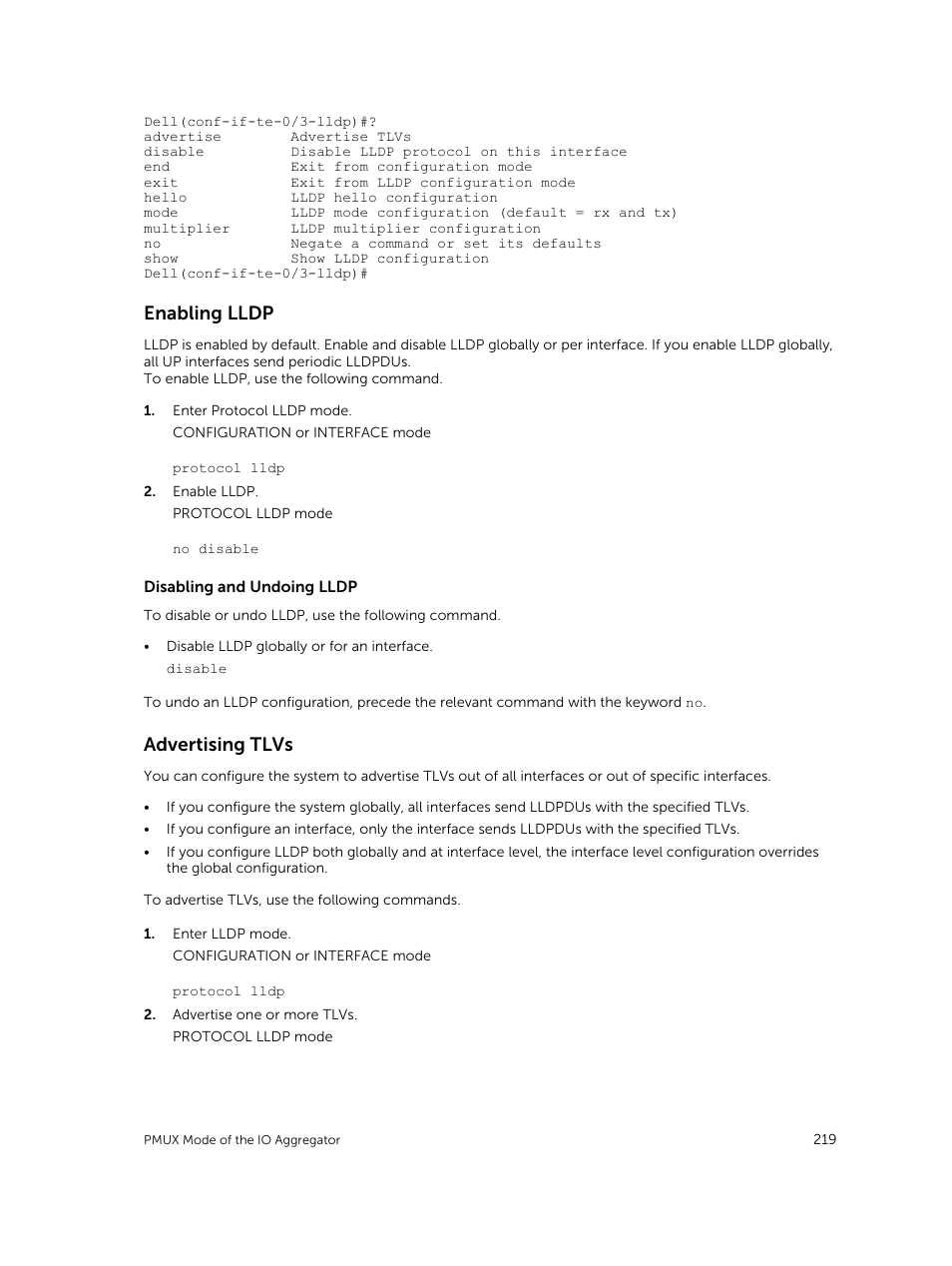 Enabling lldp, Advertising tlvs | Dell PowerEdge FX2/FX2s User Manual | Page 219 / 292