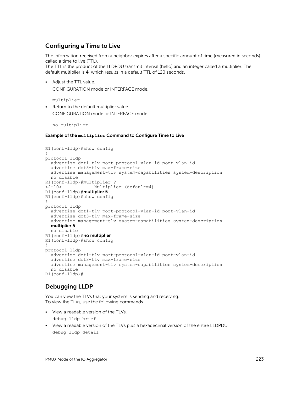 Configuring a time to live, Debugging lldp | Dell PowerEdge FX2/FX2s User Manual | Page 223 / 292