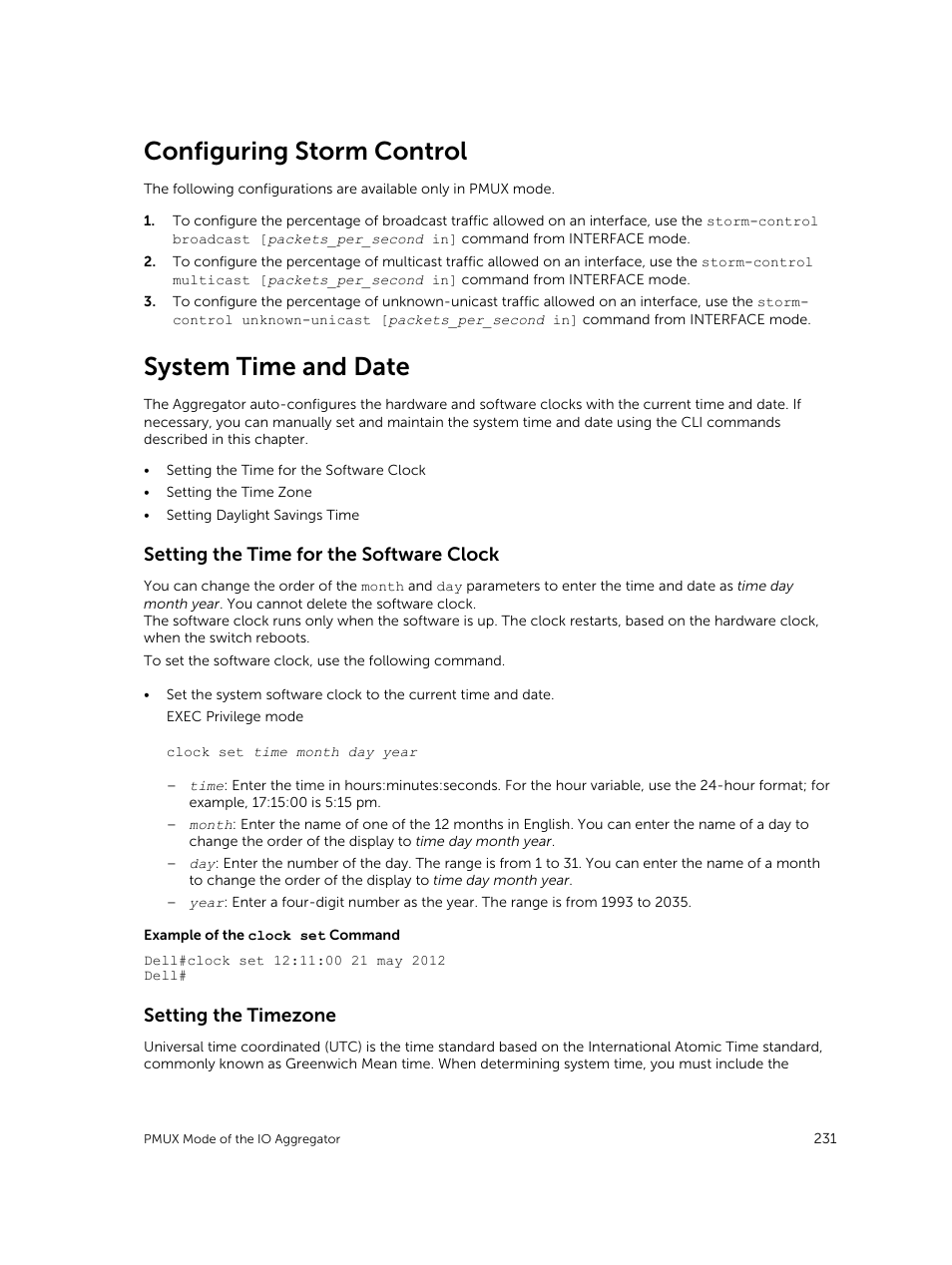 Configuring storm control, System time and date, Setting the time for the software clock | Setting the timezone | Dell PowerEdge FX2/FX2s User Manual | Page 231 / 292