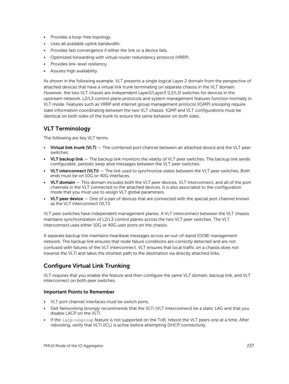 Vlt terminology, Configure virtual link trunking | Dell PowerEdge FX2/FX2s User Manual | Page 237 / 292