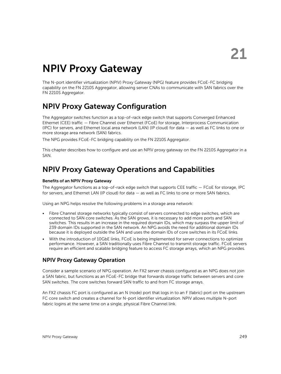 Npiv proxy gateway, Npiv proxy gateway configuration, Npiv proxy gateway operations and capabilities | 21 npiv proxy gateway, Npiv proxy gateway operation | Dell PowerEdge FX2/FX2s User Manual | Page 249 / 292